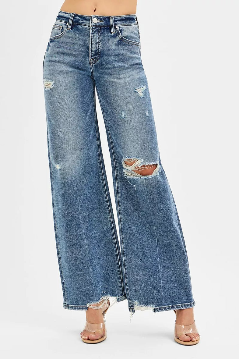 RISEN Tummy Control Mid Rise Fit Wide Jeans - SwagglyLife Home & Fashion